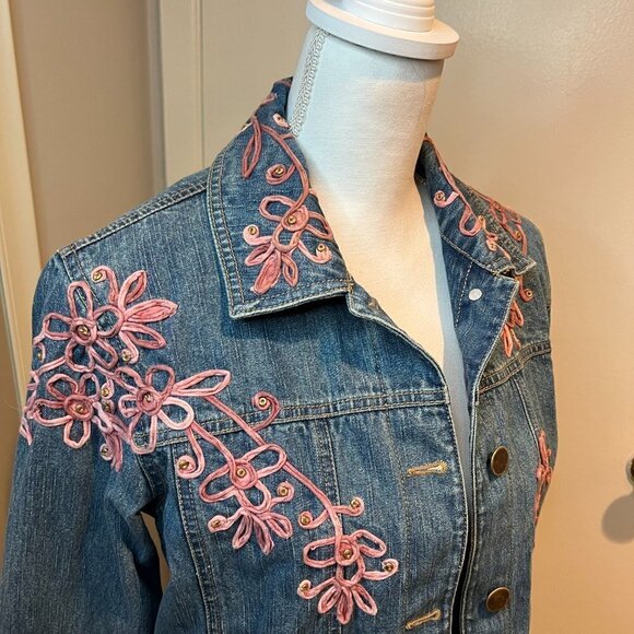 Coldwater Creek Soutache Rose Pink Floral Embroidered Jean Jacket, Size Small - Picture 5 of 14